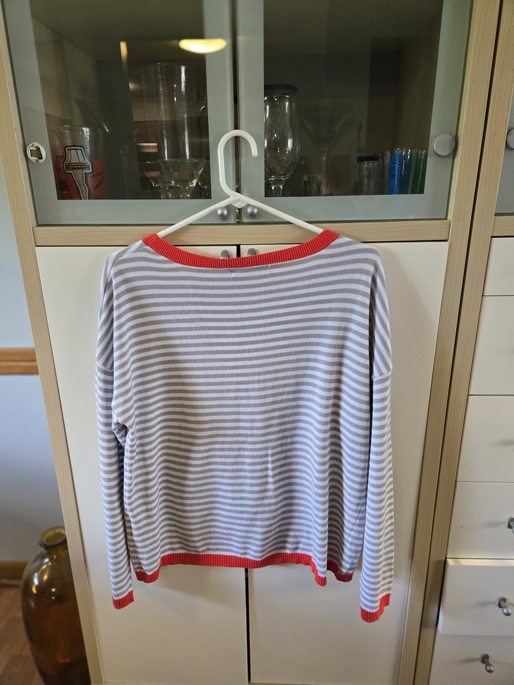 Striped Crewneck Sweater with Red Trim - Women
